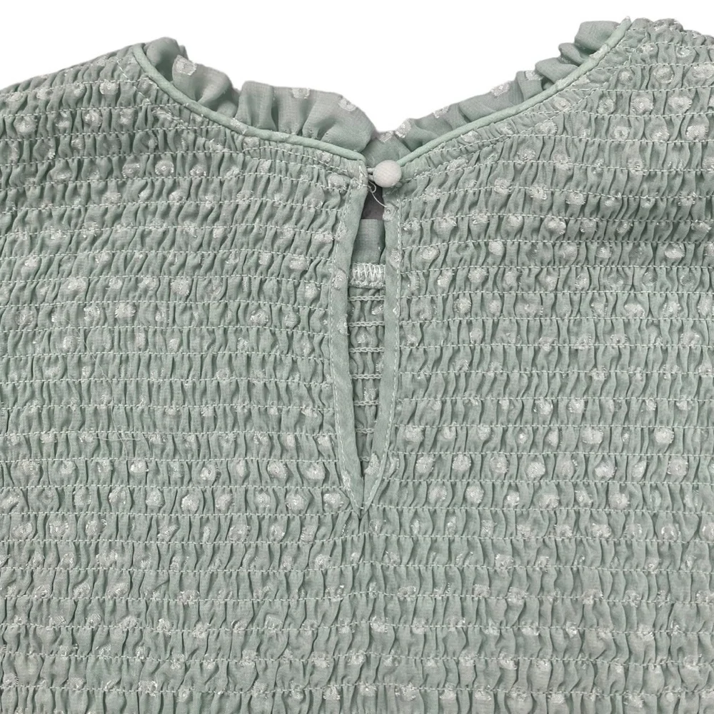 Laundry by Shelli Segal mint seafoam green smocked polka dot blouse with ruffles - Picture 6 of 8